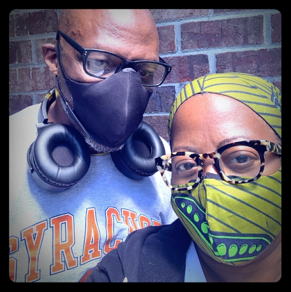 Protective mask with matching headwrap.